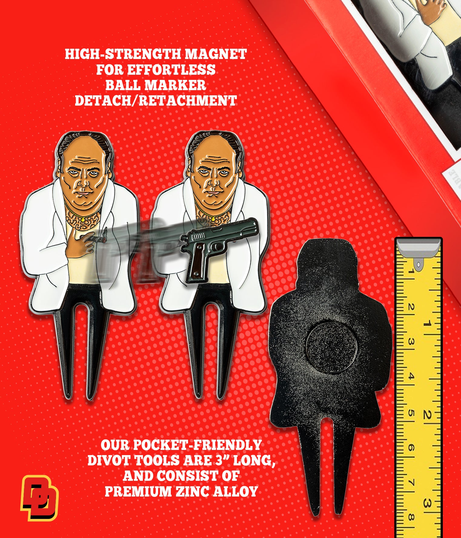 High-Strength magnet for effortless ball marker detach/reattachment. Our pocket-friendly divot tools are 3" long and consist of premium zinc alloy.