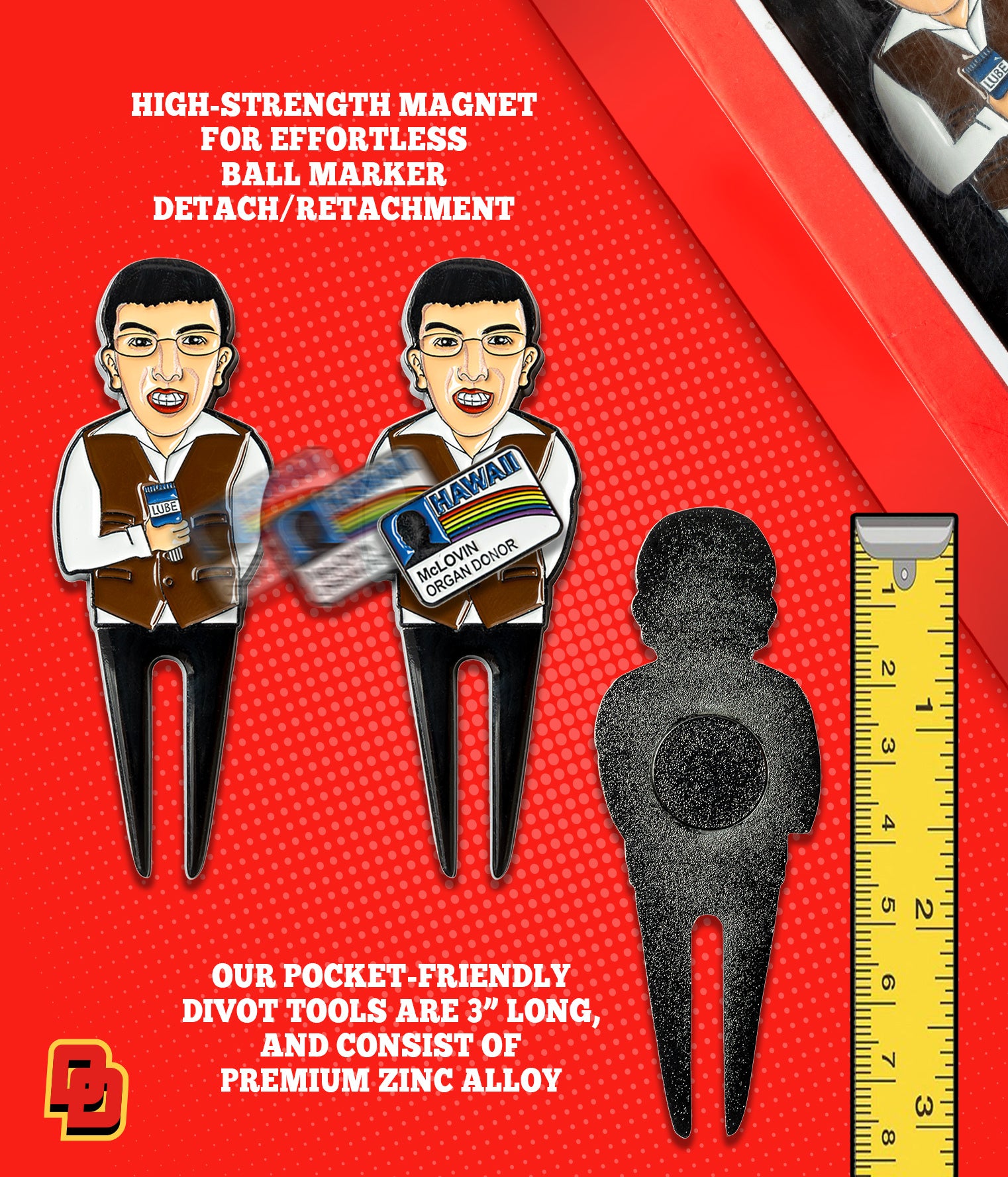 High-Strength magnet for effortless ball marker detach/reattachment. Our pocket-friendly divot tools are 3" long and consist of premium zinc alloy.