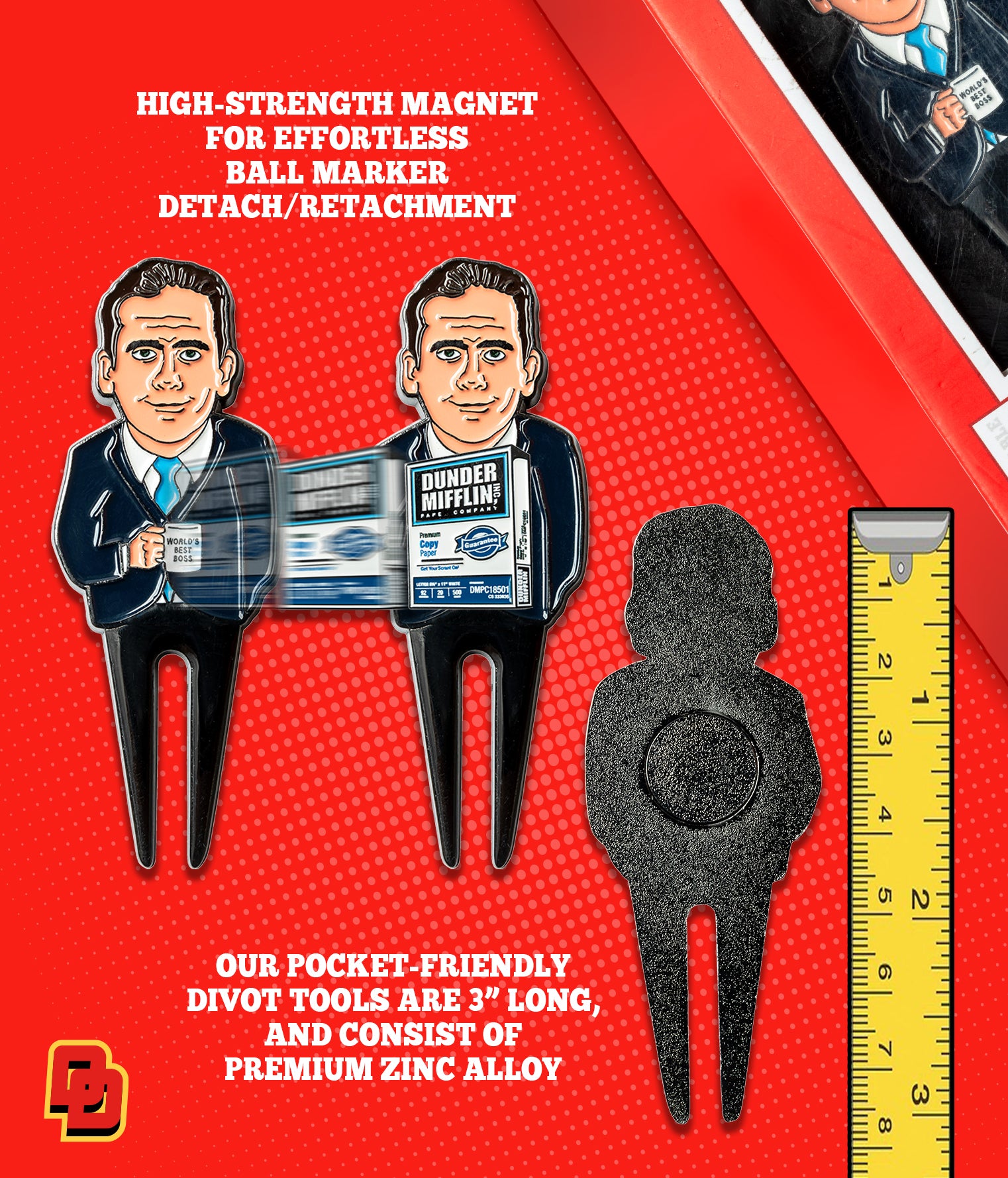 High-Strength magnet for effortless ball marker detach/reattachment. Our pocket-friendly divot tools are 3" long and consist of premium zinc alloy.