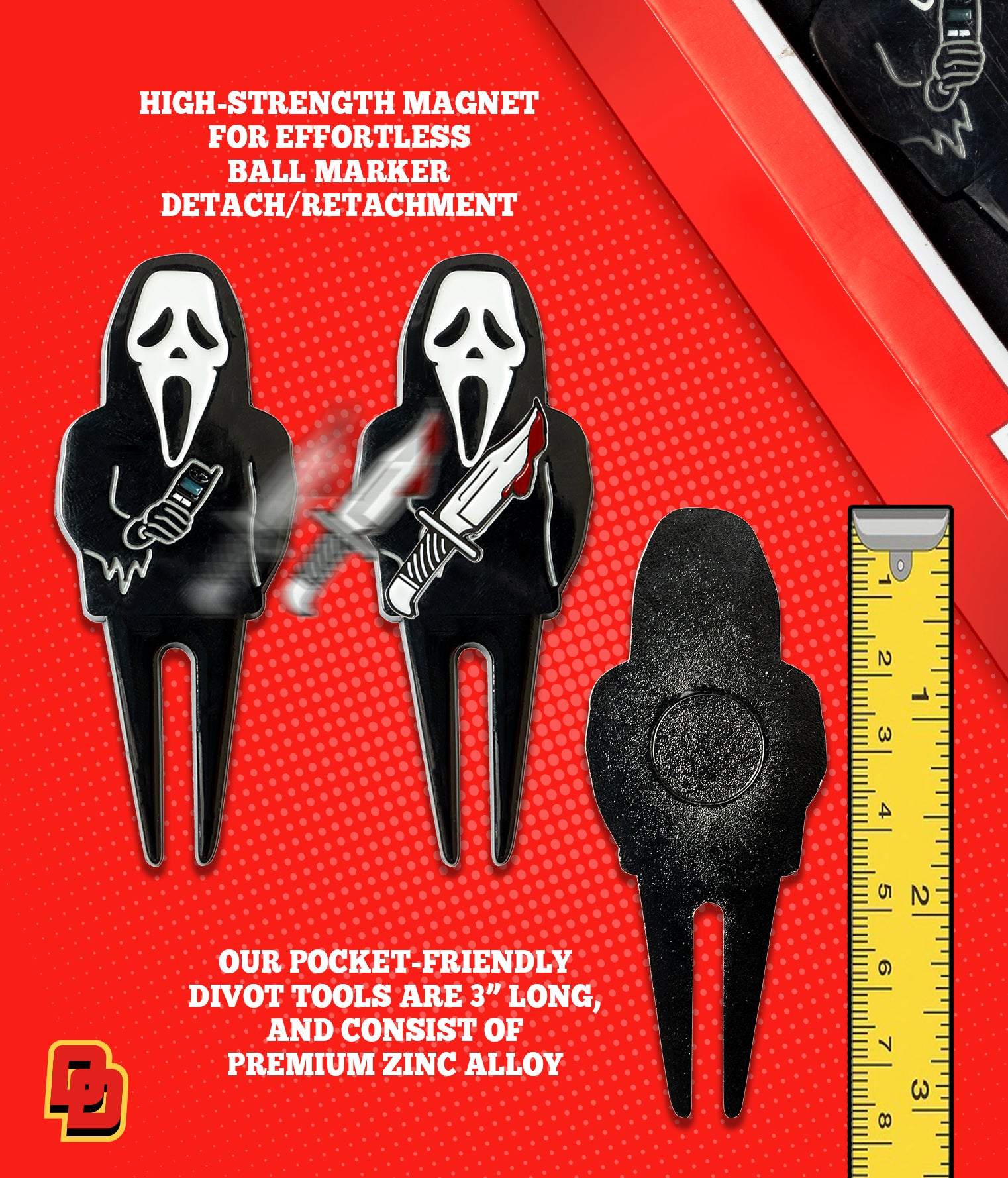 High-Strength magnet for effortless ball marker detach/reattachment. Our pocket-friendly divot tools are 3" long and consist of premium zinc alloy.