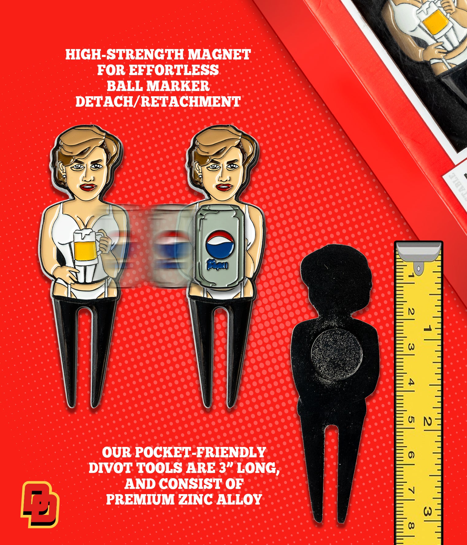 High-Strength magnet for effortless ball marker detach/reattachment. Our pocket-friendly divot tools are 3" long and consist of premium zinc alloy.