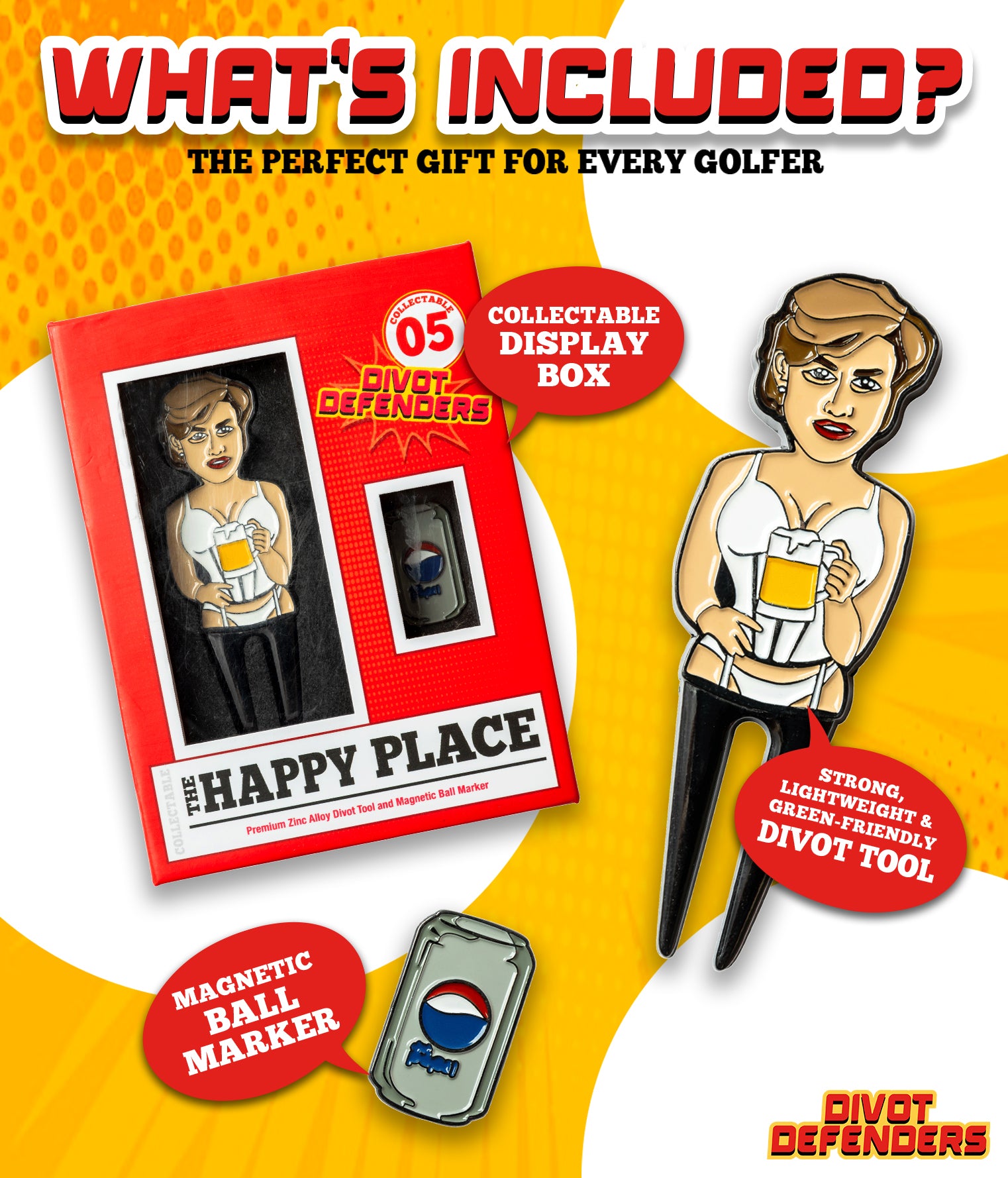 What's included? The perfect gift for every golfer. Collectable Display Box, Strong lightweight & green-friendly divot tool, magnetic ball marker.